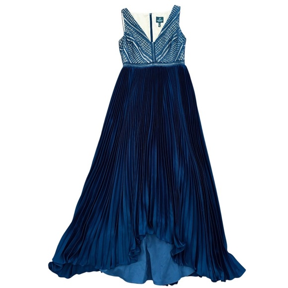 Adrianna Papell Eyelet Lace Pleated High/Low Evening Maxi Floor Length Dress, 6 - Picture 5 of 14